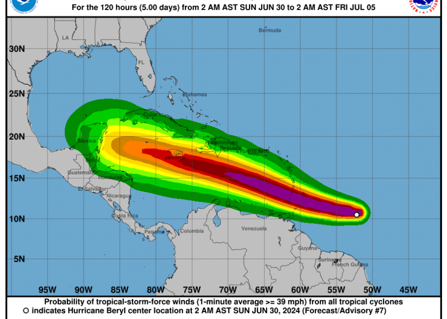 L’ouragan BERYL classé en catégorie 1 se renforce et devrait passer au sud de la Martinique