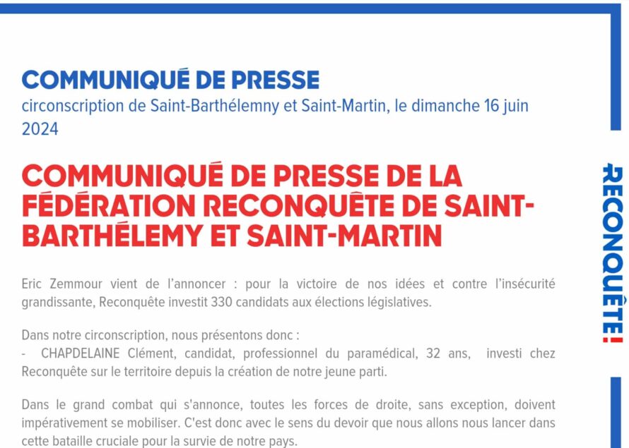 COMMUNIQUÉ DE PRESSE DE LA FÉDÉRATION RECONQUÊTE DE SAINT-BARTHÉLEMY ET SAINT-MARTIN
