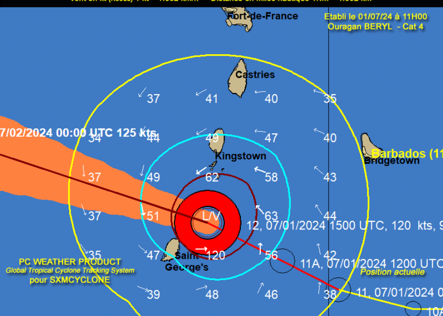 L’ouragan BERYL de nouveau en catégorie 4 au passage au plus près de la Grenade